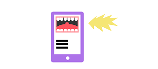 Illustration: A mobile device with a rectangular wide-open mouth, jagged speech bubble