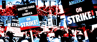 Illustrated Photo Detail of a crowd holding protest and strike signs during the 2024 WGA strikes in Hollywood