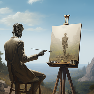 digital painting of a human shaped robot wearing a suit and sitting in front of a vast landscape painting a robot in front of a misty landscape 