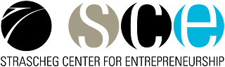 SCE logo, Strascheg Center for Entrepreneurship: four circles, circle : black background with abstract logo, circle 2: white letter "S" on gray background, circle 3: white letter "C" on black background, circle 4: white letter "e" on light blue background