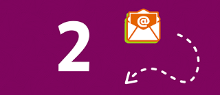 Die Zahl 2 auf lila Hintergrund, durch einen Pfeil mit einem E-Mail-Icon verbunden.