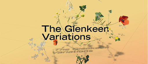 Pflanzen, biometrische Formen und der Schriftzug The Glenkeen Variations vor gelbem Hintergrund