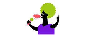 Illustration: A person seen from the side, holding a microphone in one hand, the other raised with an index finger, angry facial expression, jagged speech bubble.