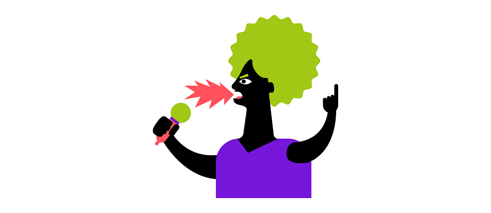 Illustration: Eine Person in seitlicher Ansicht, in der einen Hand ein Mikrofon, die andere mit erhobenem Zeigefinger hochgereckt, ärgerlicher Gesichtsausdruck, gezackte Sprechblase