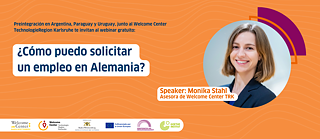 Werbebanner mit dem Namen der Veranstaltung und einem Foto der Gastrednerin (Monika Stahl, Beraterin im TRK Welcome Center).