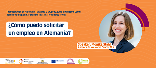 Werbebanner mit dem Namen der Veranstaltung und einem Foto der Gastrednerin (Monika Stahl, Beraterin im TRK Welcome Center).