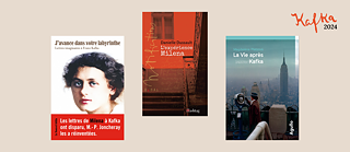 Montage der drei Buchcover. Von links nach rechts: J’avance dans votre labyrinthe. Lettres imaginaires à Franz Kafka von Marie-Philippe Joncheray, das ein Porträt von Milena auf beigem Hintergrund zeigt, L’expérience Milena von Danielle Dussault, das ein Treppenhaus und ein geschlossenes Fenster in Orangetönen zeigt, und La vie après Kafka von Magdalena Platzová, das einen Blick auf New York und das Empire State Building von der Spitze eines Gebäudes aus mit einer Frau mit Hut zeigt.