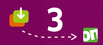 The number 3 on a purple background, next to it a download icon connected to the Onleihe logo by an arrow.