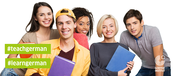 group of smiling young adults with text books and the hashtags #learngerman and #teachgerman with the Goethe-Institut Logo