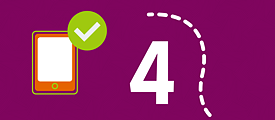 The number 4 on a purple background, next to it a tablet with a green check mark.