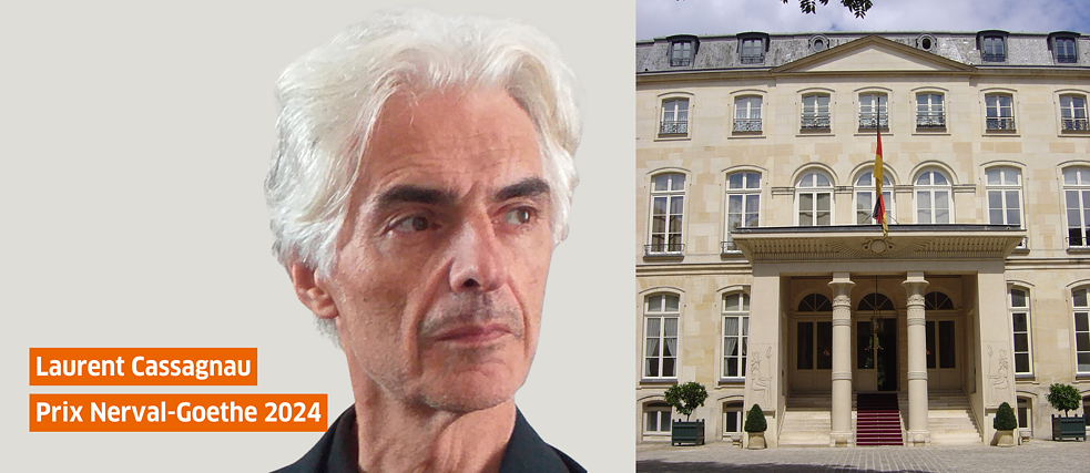 Portrait de Laurent Cassagnau à gauche et l'Hôtel Beauharnais à droite 