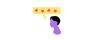 Illustration: A person with cubistically superimposed eyes and an elongated speech bubble containing four hearts