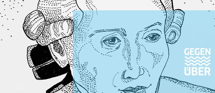 Gezeichnetes Gesicht von Immanuel Kant in schwarz-weiß mit hellblauem Rechteck 