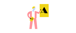 Illustration: eine Person hält ein Blatt mit einem handgeschriebenen A in der Hand und deutet auf ein Plakat mit einem typografisch anders gestalteten A