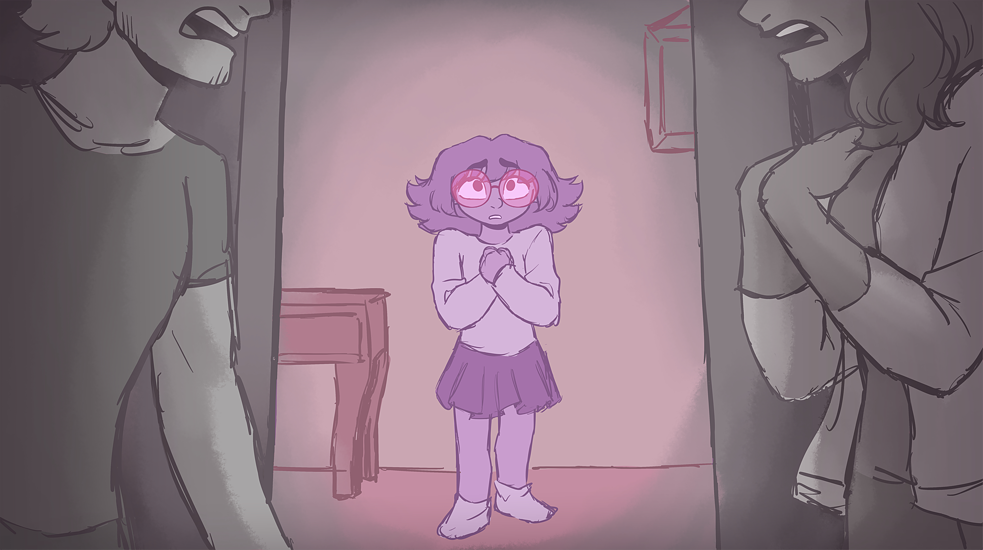 Ein Mädchen, das komplett in lila dargestellt wird, steht in einer Eingangstür und sieht ängstlich aus.