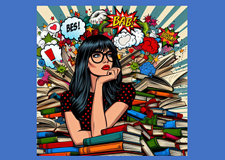 Pop art style picture: A woman with black hair and red glasses is leaning her elbow on a pile of books.