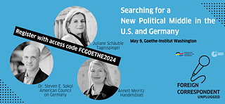three black and white portraits of Steven Sokol, Annett Meiritz and Juliane Schäuble with the info for the event and registration code FCGOETHE2024 on blue background with Foreign Correspondent Unplugged Logo 