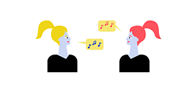 Illustration: Zwei Personen mit Sprechblasen, in denen sich Noten befinden – die Noten je Person in unterschiedlichen Farben