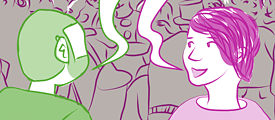 Queere Comic Konversationen Teaserbild, September: Räume, zwei Comicfiguren unterhalten sich