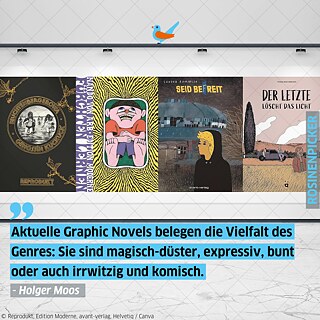 Foto von vier Graphic Novels, die in dem Rosinenpicker-Artikel hervorgehen.