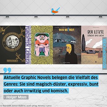 Foto af fire graphic novels, som omtales i artiklen på Rosinenpicker.