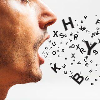 Side profile of a speaker with letters emerging from their mouth during a German pronunciation and phonetics training club with Goethe-Institut USA.