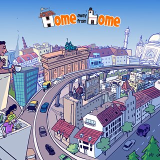 The illustration depicts a vibrant urban scene blending elements of Berlin and New Delhi, featuring futuristic architecture, a monorail, bustling streets, and people interacting on balconies and through building windows.