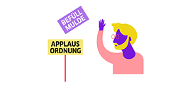 Illustration: A person with a raised hand, looking at two signs. Inscriptions on the signs: “applause order” and “Filling trough”