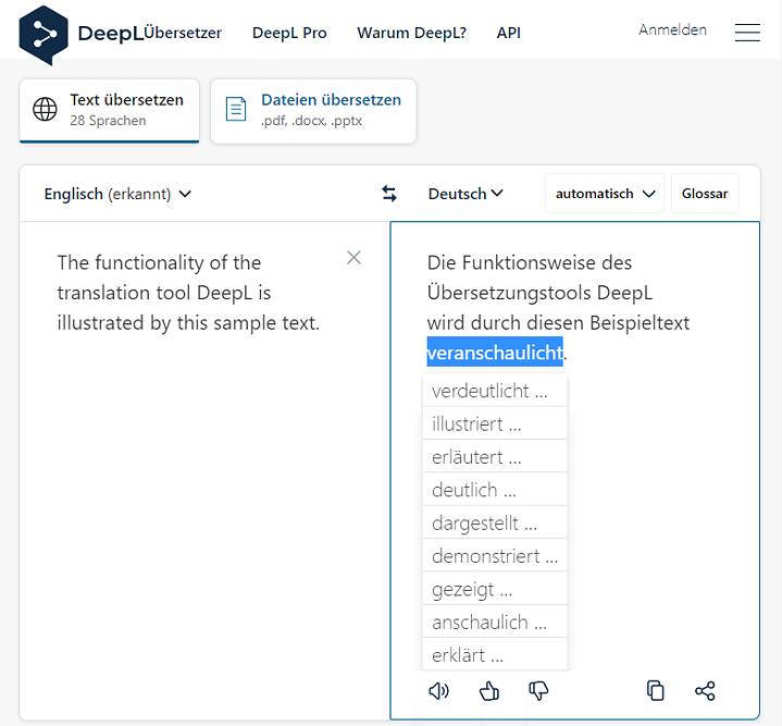 Traducció de l'anglès a l'alemany amb funció de sinònims per a paraules i frases.