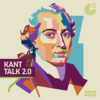 Key visual des Podcast Kant Talk 2.0 des Goethe-Institut Zypern. Ein modernes, stilisiertes Porträt des Philosophen Immanuel Kant auf beigem Hintergrund. Der Titel des Podcast ist auf der unteren linken Ecke in beigen Großbuchstaben auf einem lila Hintergrund zu lesen. In der rechten oberen und unteren Ecke ist das Logo des Goethe-Instituts zu sehen. 