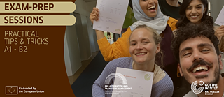 A group of happy people holding certificates, with text promoting 'Exam-Prep Sessions: Practical Tips & Tricks A1-B2'.