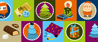 9 Kacheln zeigen ein Geschenk, Weihnachtspapier, Schneemann, Weihnachtsbau, Kerze, Geld, Blutspende, Marzipan und einen Marzipan-Weihnachtsmann