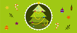 In the center is an illustration of a Christmas tree. Branches, stars, candy canes and baubles are depicted around the tree.