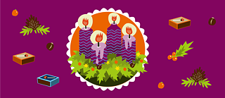 In der Mitte ist eine Illustration von einem Adventskranz mit brennenden Kerzen. Rund um den Adventskranz sind Feuerzeuge, Tannenzapfen und weihnachtliche Gegenstände abgebildet. 
