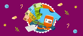 Purple background, illustration of different types of donation (money, clothes, blood donation)