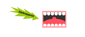 Illustration: Weit geöffnneter eckiger Mund mit einer gezackten Sprechblase die das Wort „Edelkiopperkli“ enthält