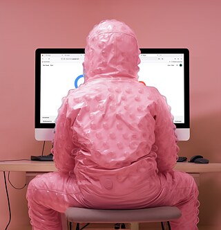 Mann im Schutzanzug vor Monitor