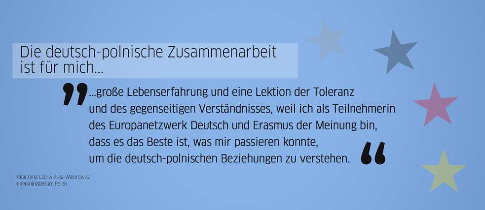 Zitat Alumna: „Die deutsch-polnische Zusammenarbeit ist für mich große Lebenserfahrung und eine Lektion der Toleranz und des gegenseitigen Verständnisses, weil ich als Teilnehmerin am Programm Europanetzwerk Deutsch und Erasmus der Meinung bin, dass es das Beste ist, was mir passieren konnte, um die deutsch-polnischen Beziehungen zu verstehen.“ (Katarzyna Czerwińska-Walerowicz, Innenministerium der Republik Polen)