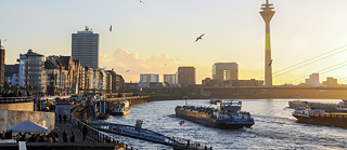 Blick auf den Rheinturm in Düsseldorf, bei Sonnenuntergang. Stimmungsvolles Bild am Wasser mit Möwen und Schiffen. 