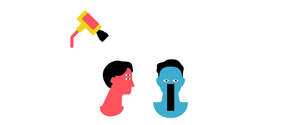 Illustration: Zwei Köpfe, über ihnen und auf sie gerichtet eine Überwachungskamera