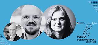 Portraits of McKay Coppins, Rieke Havertz and Steven Sokol with Foreign Correspondent logo on blue background