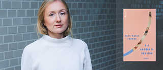 Foto af forfatteren Ruth-Maria Thomas, der smiler let foran en grå væg. Hendes bog Die schönste Version kan ses til højre i den digitale udgave.