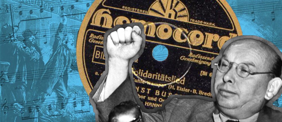 Key art Gegenüber Article Solidarity Song showing a Collage with Eisler, LP Record and Notes