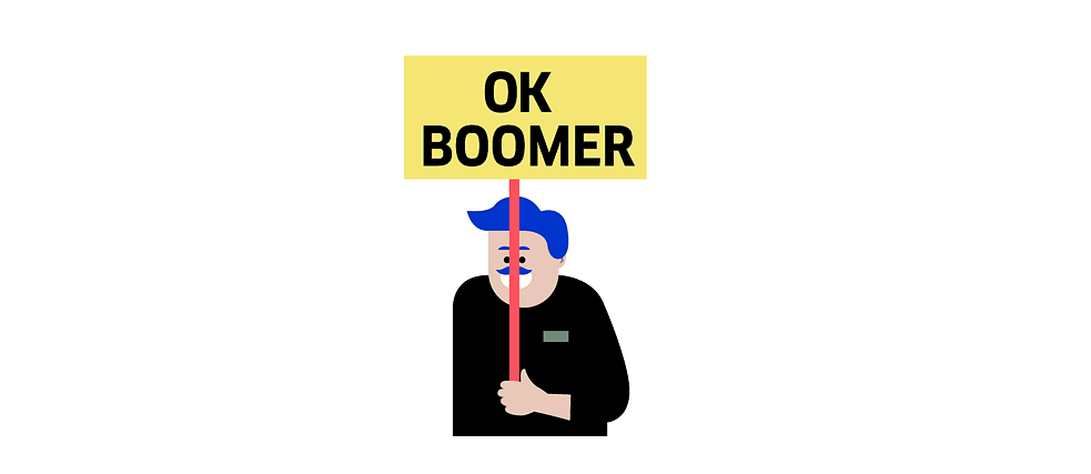 Illustration: Person mit einem Schild, das die Aufschrift „Ok Boomer“ trägt