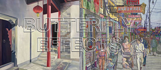 Gemälde. Eine Familie geht in einer Stadt spazieren. Im Hintergrund sind andere Menschen, Schaufenster und bunte Ladenschilder zu sehen.