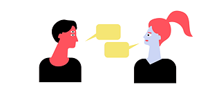 Illustration : Deux personnes se regardant l'une l'autre ; chacune a une bulle vide.