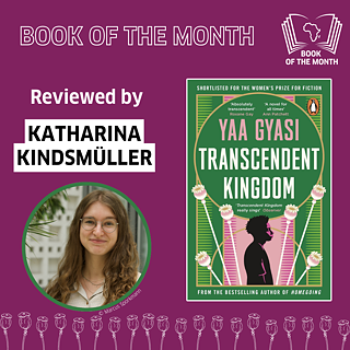 Auf der linken Seite ein Portraitfoto von Katharina Müller, auf der rechten Seite das Cover von "Transcendent Kindgom"