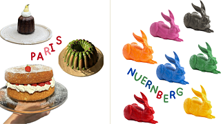 Das Bild zeigt einige Kuchen und Törtchen auf der Linken und Hasen-Figuren in verschiedenen Farben auf der rechten Seiten. Links steht in verschiedenen Rottönen "Paris" und rechts in bunten Farben "Nürnberg" geschrieben.