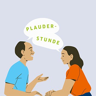 Illustration depicting two people chatting. A speech bubble above their heads says "Plauderstunde"