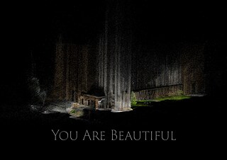Auf dem Bild sieht man die Umrisse eines von Scheinwerfern beleuchteten Gebäudes in der Dunkelheit. Darunter steht in großen Buchstaben "You are beautiful".